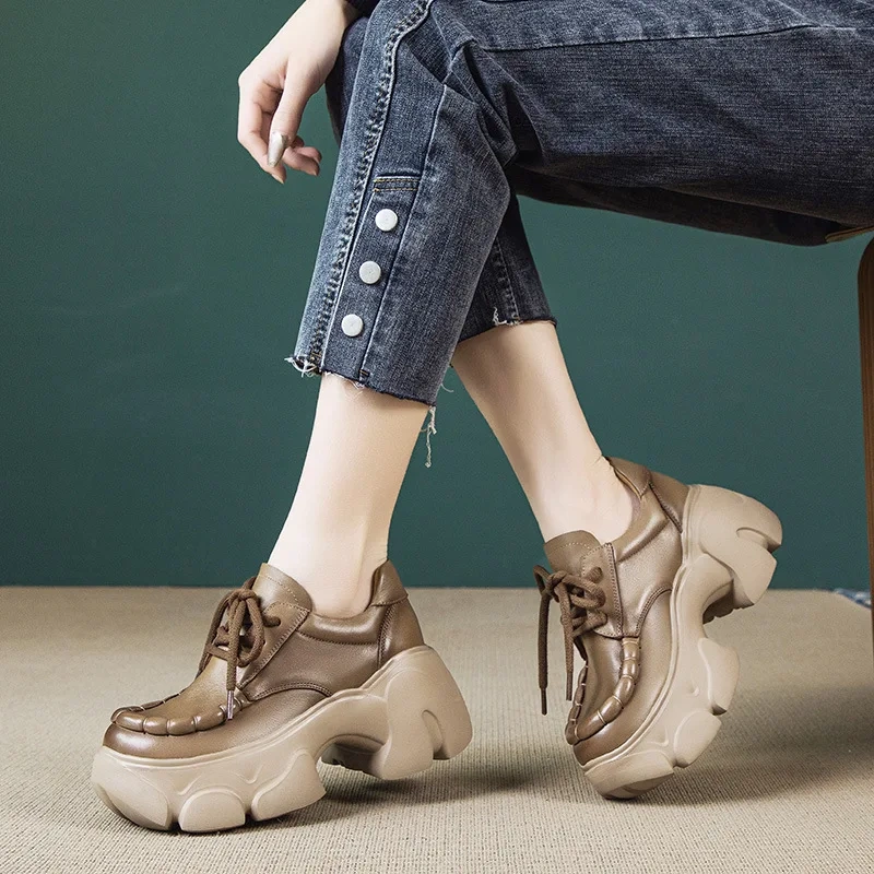 Spring Autumn New British Style Retro Chunky Bottom Platform Cross-tied Genuine Leather Women Casual Shoes Ladies Sneakers 2409
