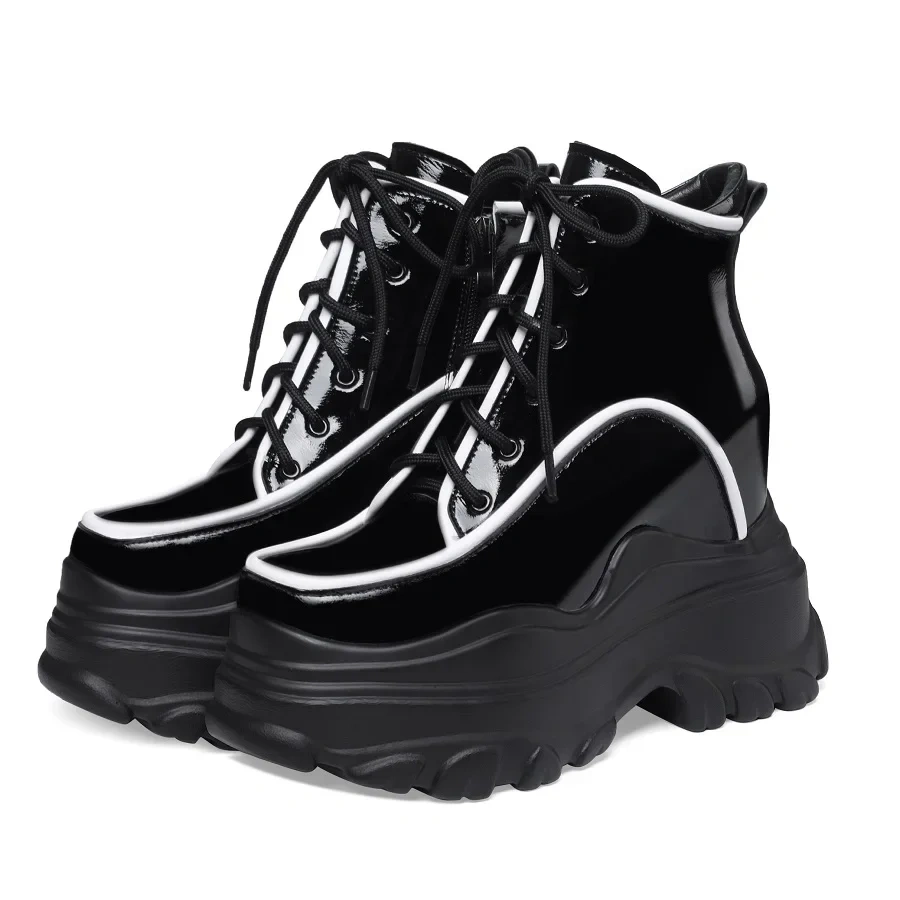 Spring Autumn New Fashion 12 CM Super High Heels Platform Cross-tied Patent Leather Women Ankle Short Modern Boots Winter Plush