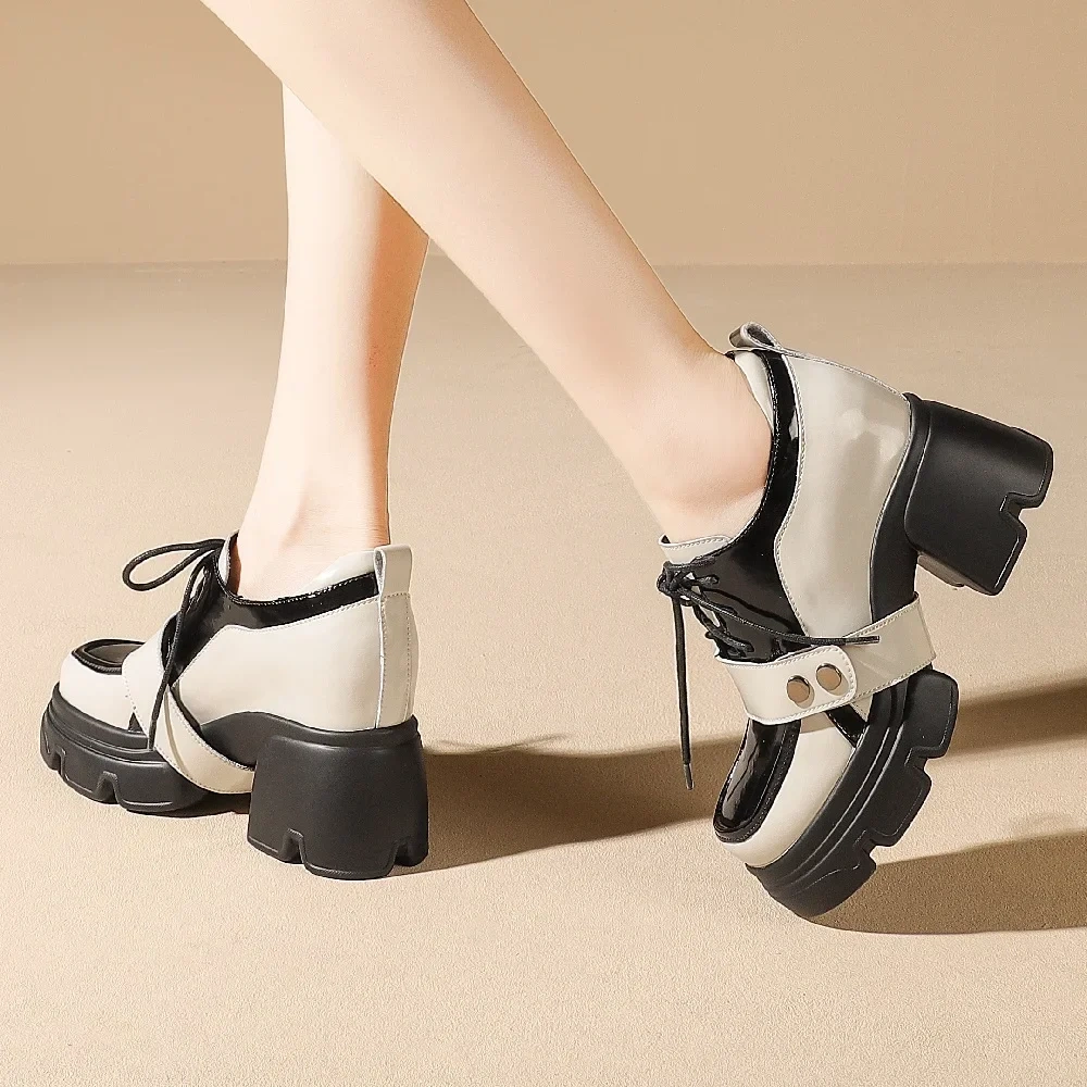 Spring Autumn New Slim Height Increasing Platform Mixed Colors Belt Buckle Lace-Up Genuine Leather Women Casual Shoes Sneakers