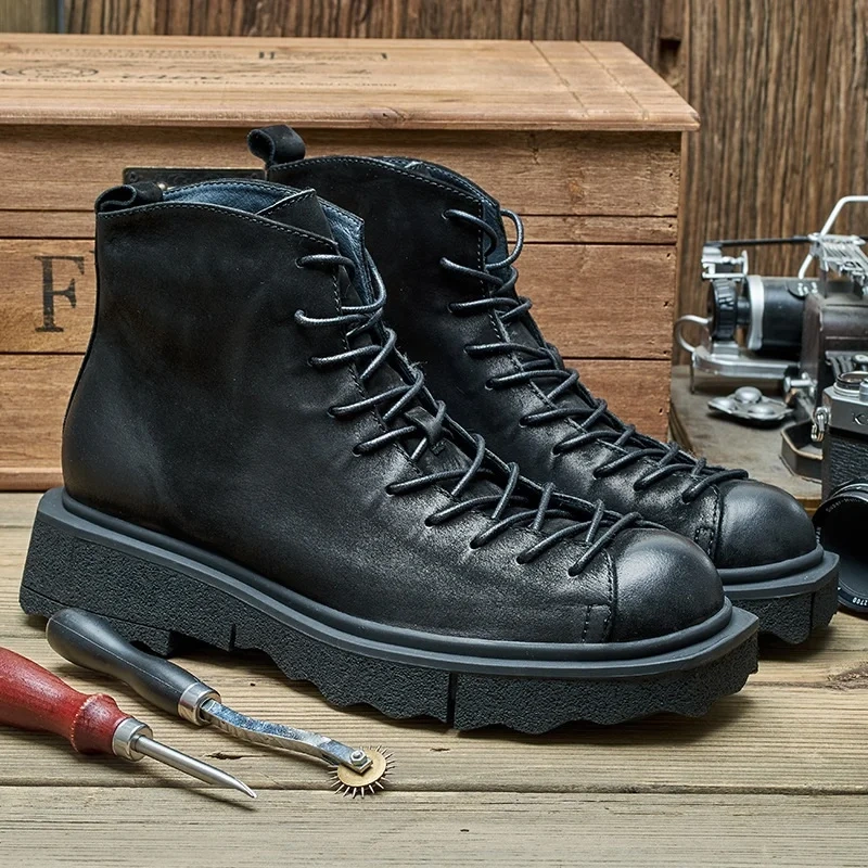 Spring Autumn New British Style Retro Chunky Bottom Sewing Cross-tied Genuine Leather Men Ankle High Top Work Safety Boots 2308