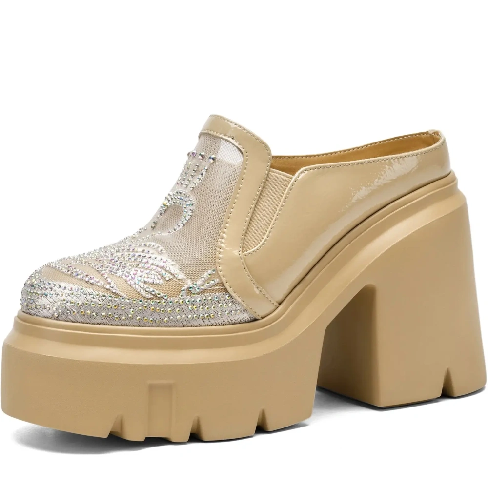 Women 12 CM Wedge Thick Sole Spring Summer Semi Slip On Pumps Loafers Crystal Mesh Hollow Out Breathable Comfort Slippers 50221
