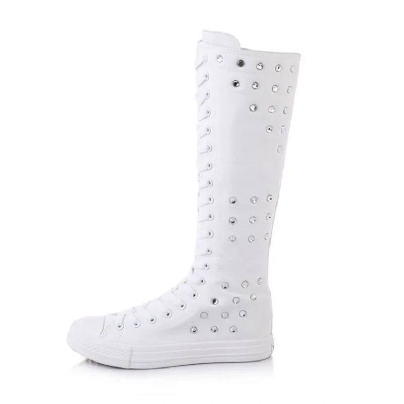 Spring Autumn New High-top Slim Canvas Crystal Cross-tied Zipper Plus Size 42 43 Women Long Knee-High Boots Ladies Dance Shoes