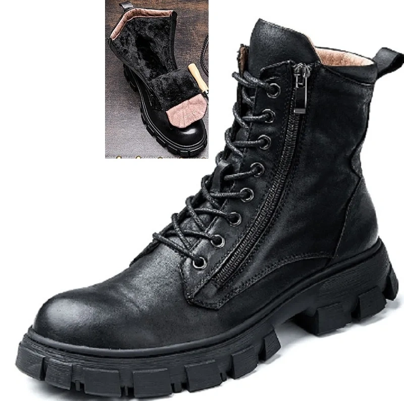 Spring Autumn New British Style Retro Chunky Bottom Cross-tied Genuine Leather Men Mid-Calf Half Motorcycle Boots Winter Plush