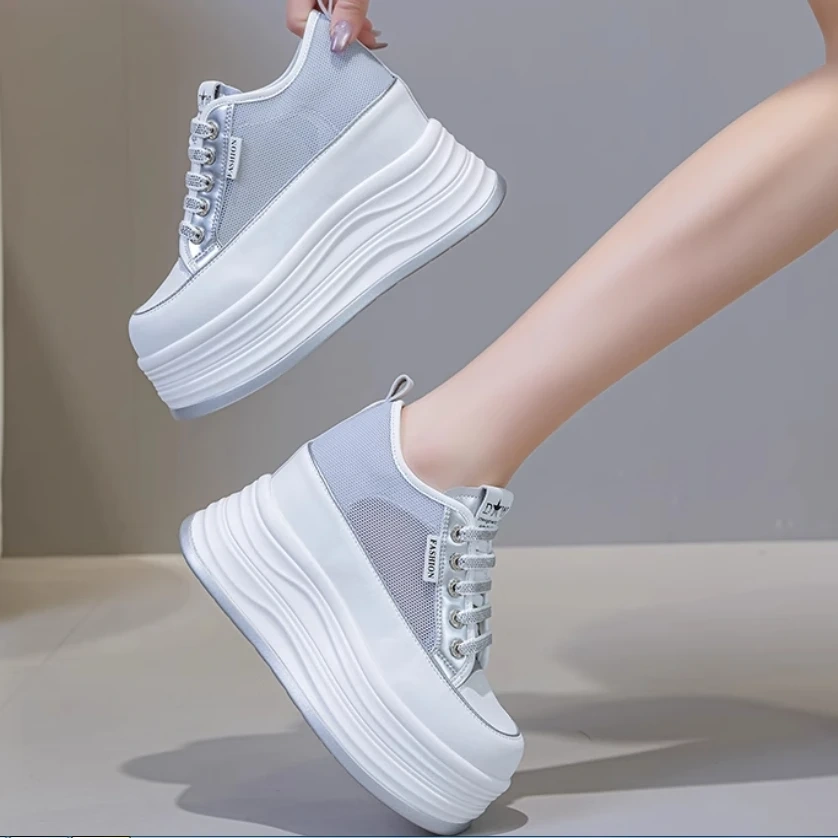 Women's Summer Fashion 12 CM Hidden Heel Genuine Leather Mesh Breathable Sneakers Lace Up Hollow Out Casual Shoes 50522