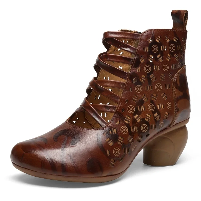 Summer New National Style Retro Thick High Heels Embossing Cut Out Hollow Genuine Leather Women Ankle High-top Equestrian Boots