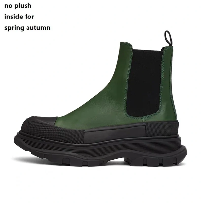 Spring Autumn New British Style Retro Chunky Bottom Platform Sewing Genuine Leather Men Ankle Short Chelsea Boots Winter Plush