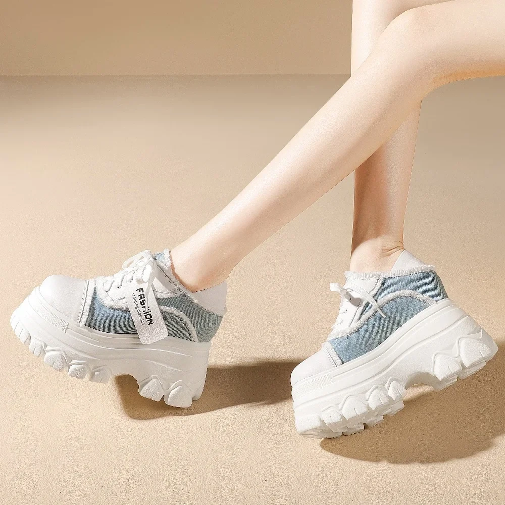 Spring Autumn Sexy Super High Heels Wedges Platform Cross-tied Tassel Genuine Leather Patchwork Denim Women Modern Pumps 2307