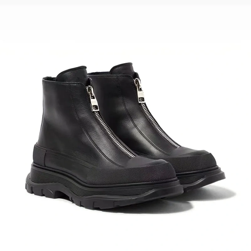 Spring Autumn New British Style Chunky Bottom Platform Zipper Black Genuine Leather Men Ankle Short Motorcycle Boots Sneakers