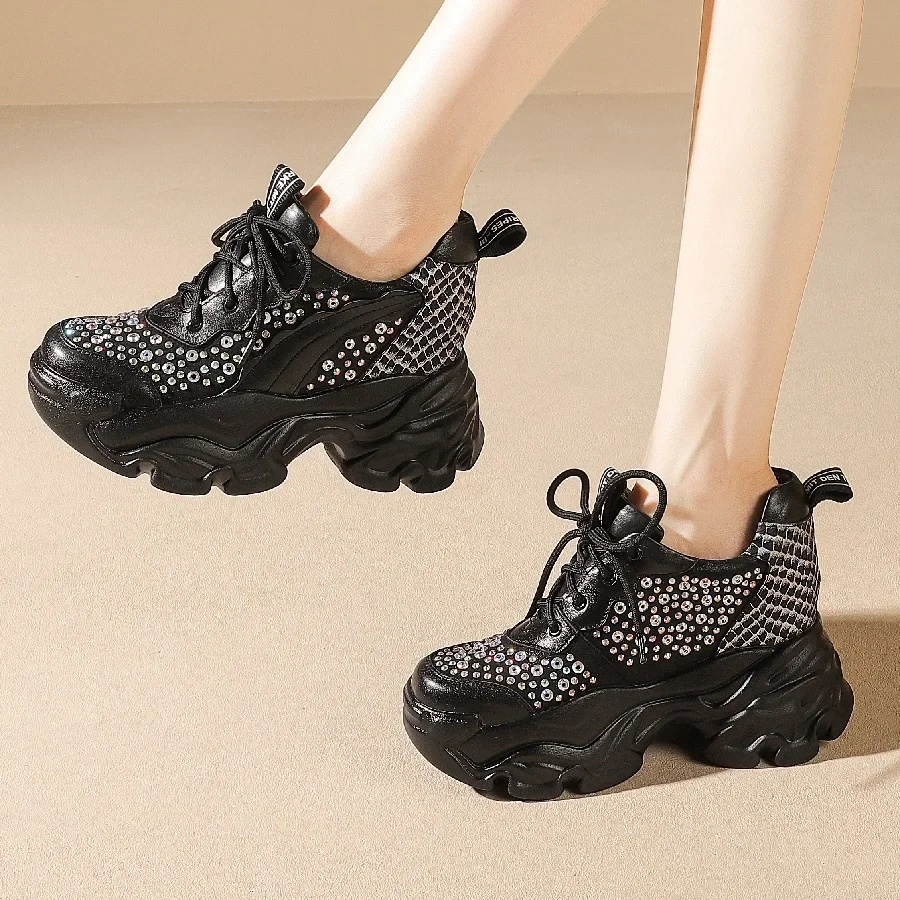 Spring Autumn New Korean Style Slim Height Increasing Platform Crystal Genuine Leather Lace-Up Women Casual Shoes Sneakers 2412