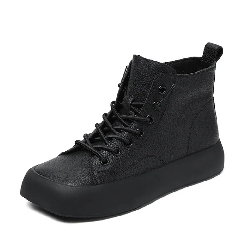 Spring Autumn New Retro Chunky Bottom Platform Square Toe Genuine Leather Women Ankle Short Motorcycle Boots Winter Plush 2401