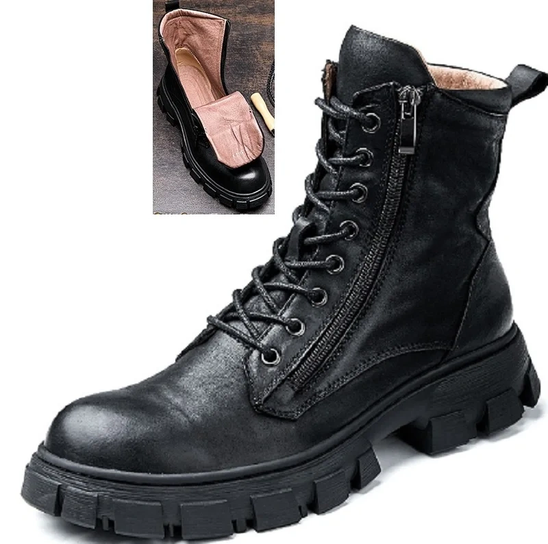 Spring Autumn New British Style Retro Chunky Bottom Cross-tied Genuine Leather Men Mid-Calf Half Motorcycle Boots Winter Plush