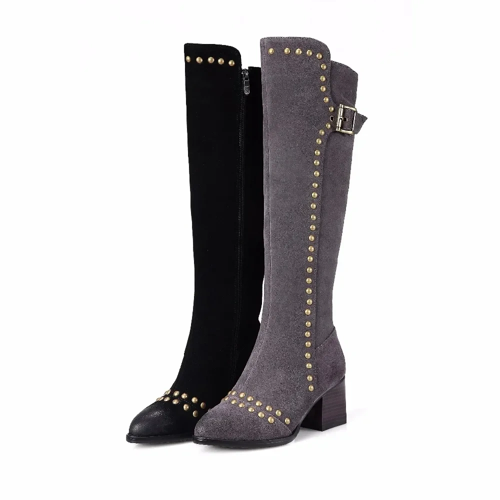 Women Winter Retro Thick Mid Heel Buckle Rivets Genuine Leather Flock Fashion Knee High Boots Size 33-41 SXQ1013