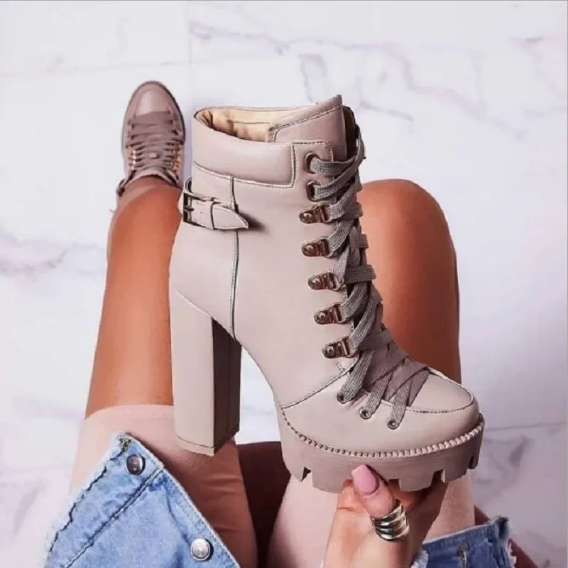 Spring Autumn New Sexy Slim Thick High Heels Platform Cross-tied Buckle Belt Plus Size 40-43 Women Ankle Short Modern Boots 1104