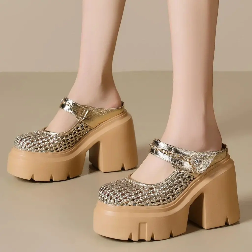 Women Summer New 12 CM Thick Sole Semi Sandals Woven Hollow Out Metal Chain Rhinestone Flower Shoes 50409