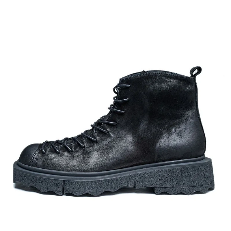 Spring Autumn New British Style Retro Chunky Bottom Sewing Cross-tied Genuine Leather Men Ankle High Top Work Safety Boots 2308