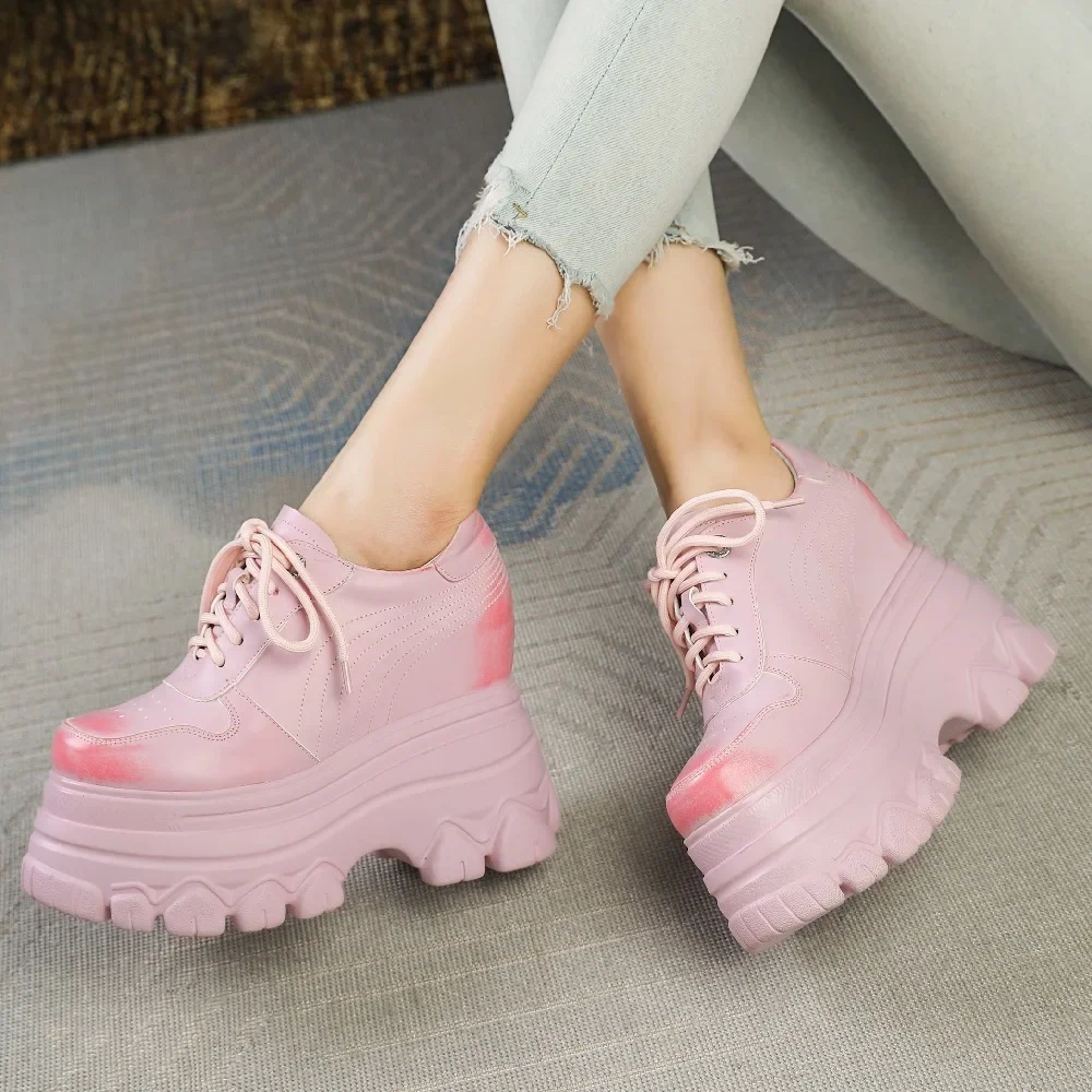 Spring Autumn New Korean Style Slim Height Increasing Platform Mixed Colors Lace-Up Genuine Leather Women Casual Shoes Sneakers