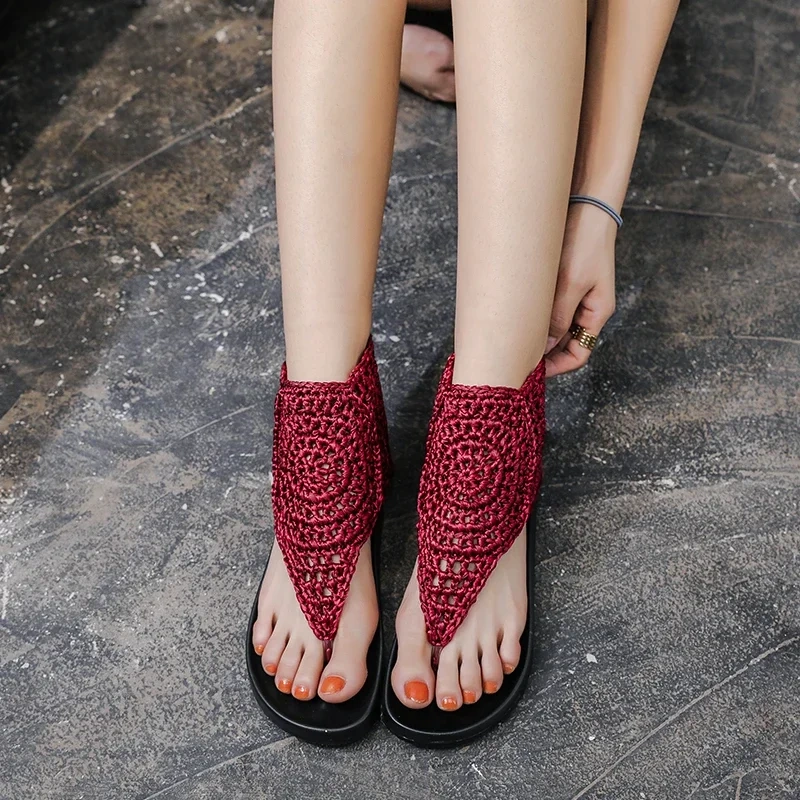 Summer New Korean Style Fashion Wedges Cut Out Knitting Flip Flops Genuine Leather Women High Toe Gladiator Sandals 2303
