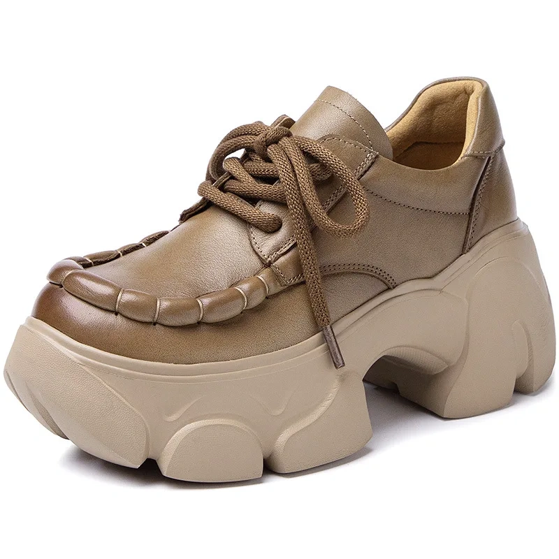 Spring Autumn New British Style Retro Chunky Bottom Platform Cross-tied Genuine Leather Women Casual Shoes Ladies Sneakers 2409