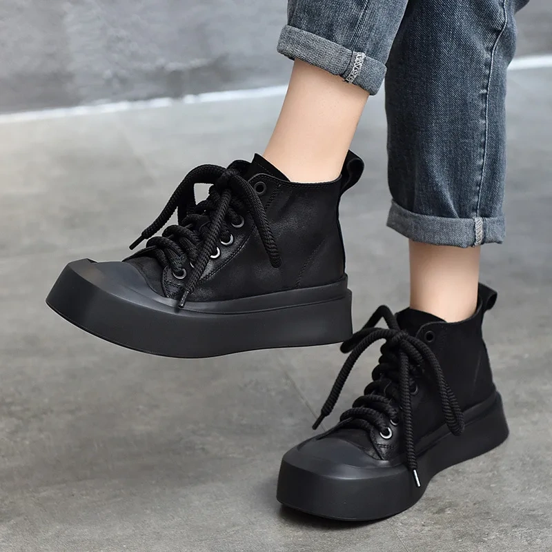 Spring Autumn Retro Chunky Bottom Platform Cross-tied Genuine Leather Women Ankle Short Motorcycle Boots Sneakers Winter Plush