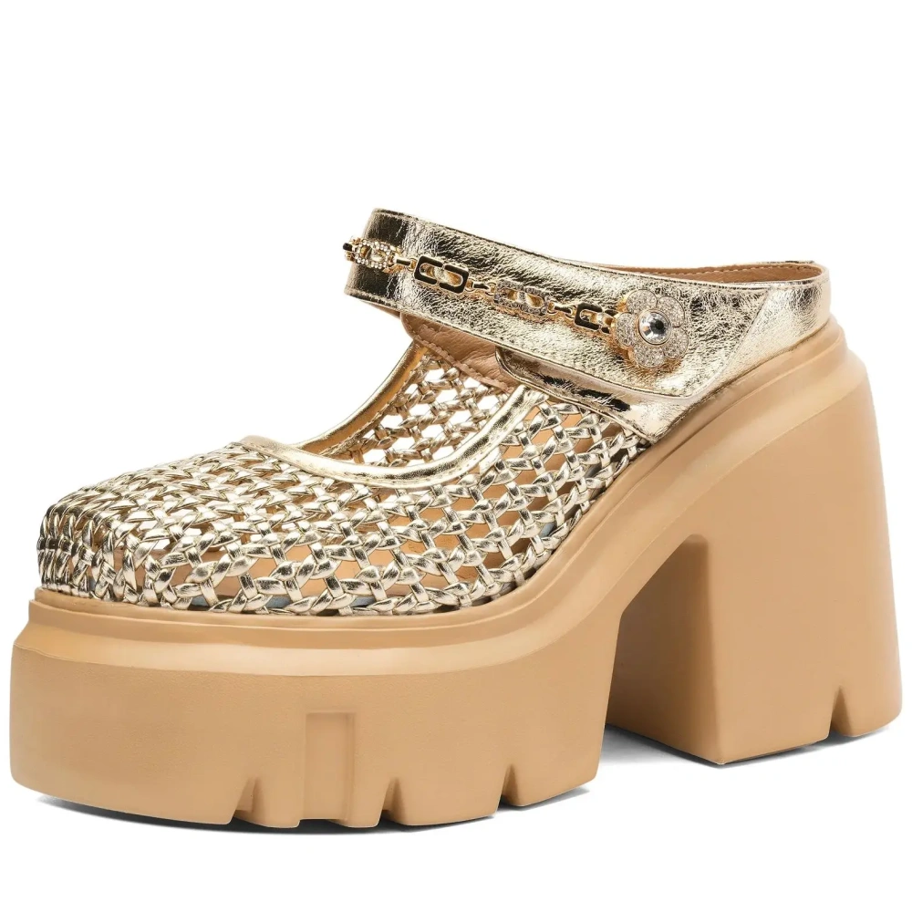 Women Summer New 12 CM Thick Sole Semi Sandals Woven Hollow Out Metal Chain Rhinestone Flower Shoes 50409