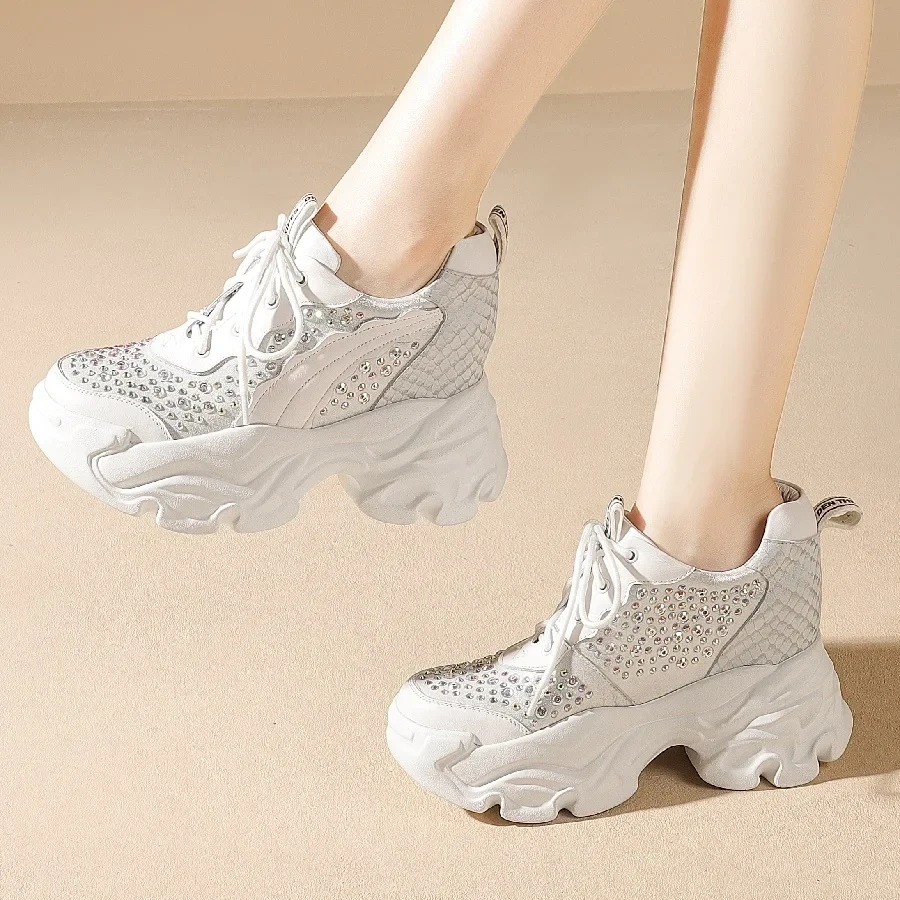 Spring Autumn New Korean Style Slim Height Increasing Platform Crystal Genuine Leather Lace-Up Women Casual Shoes Sneakers 2412