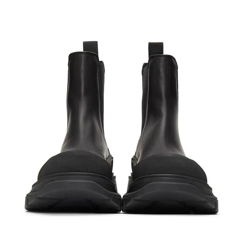 Spring Autumn New British Style Retro Chunky Bottom Platform Sewing Genuine Leather Men Ankle Short Chelsea Boots Winter Plush