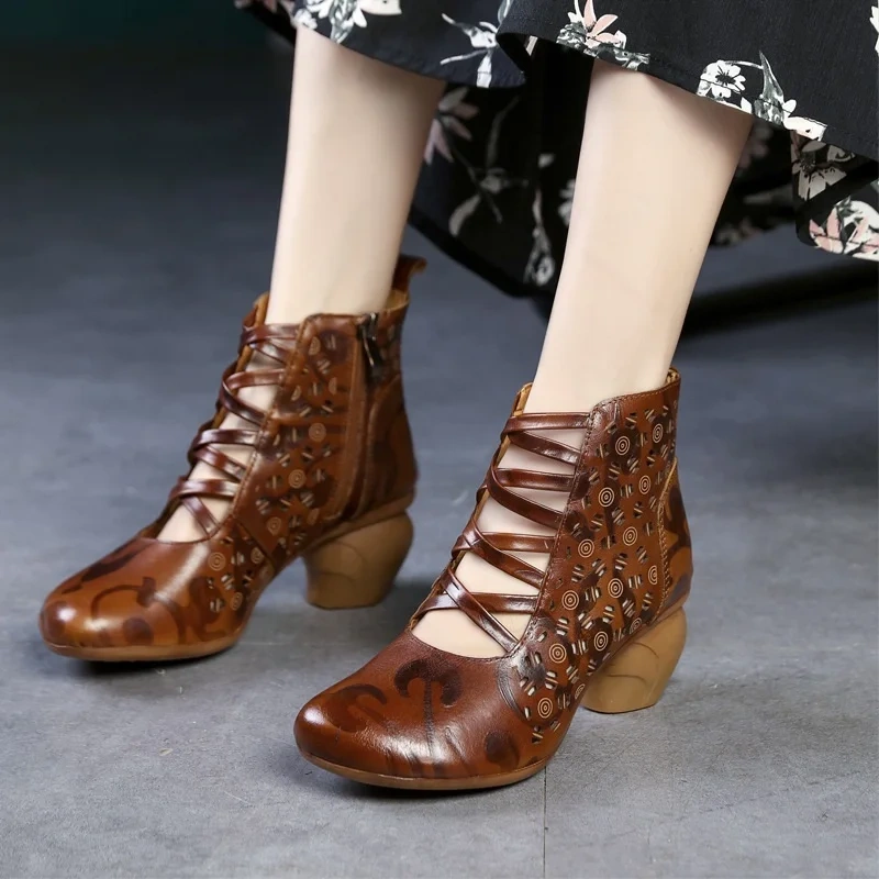 Summer New National Style Retro Thick High Heels Embossing Cut Out Hollow Genuine Leather Women Ankle High-top Equestrian Boots