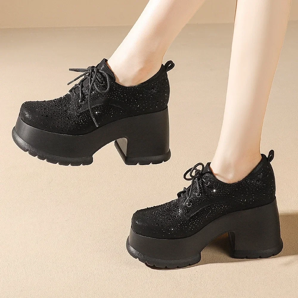 Spring Autumn New Fashion Sexy Height Increasing Square Toe Platform Cross-tied Bling Crystal Pigskin Inside Women Modern Pumps