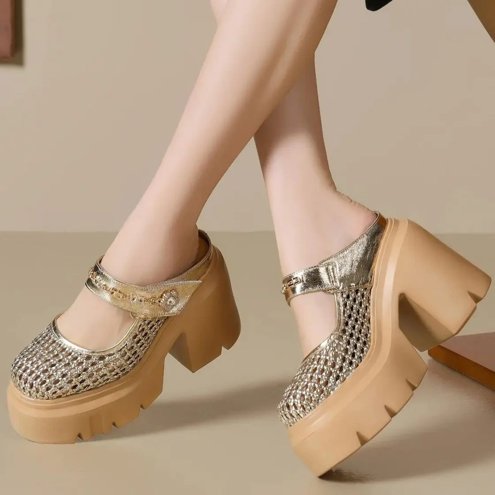 Women Summer New 12 CM Thick Sole Semi Sandals Woven Hollow Out Metal Chain Rhinestone Flower Shoes 50409