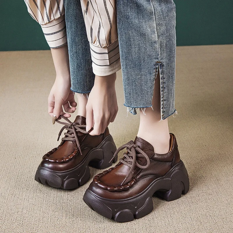 Spring Autumn New British Style Retro Chunky Bottom Platform Cross-tied Genuine Leather Women Casual Shoes Ladies Sneakers 2409