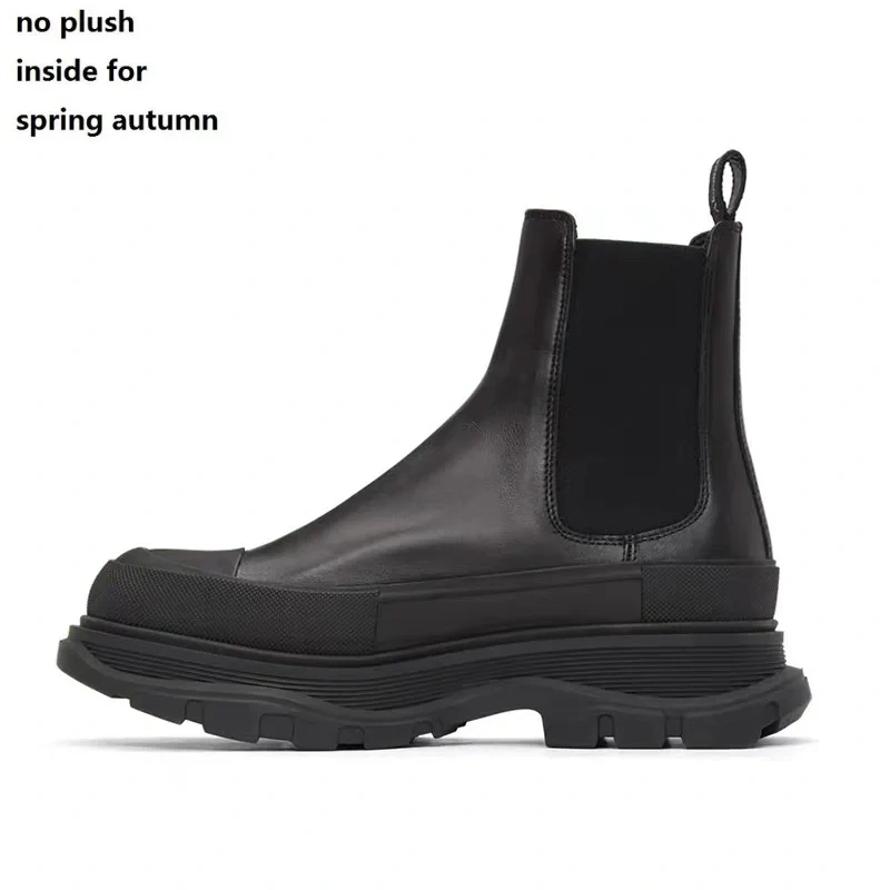 Spring Autumn New British Style Retro Chunky Bottom Platform Sewing Genuine Leather Men Ankle Short Chelsea Boots Winter Plush