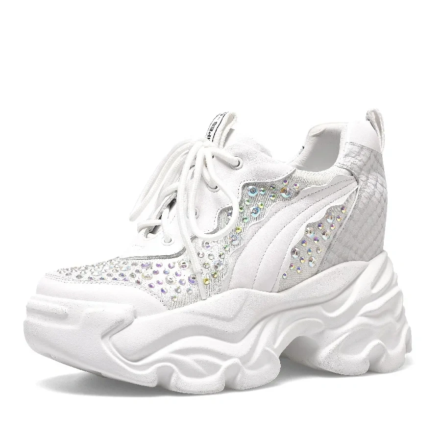 Spring Autumn New Korean Style Slim Height Increasing Platform Crystal Genuine Leather Lace-Up Women Casual Shoes Sneakers 2412