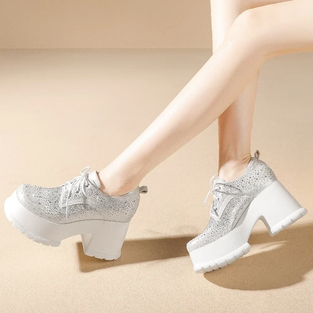 Spring Autumn New Fashion Sexy Height Increasing Square Toe Platform Cross-tied Bling Crystal Pigskin Inside Women Modern Pumps