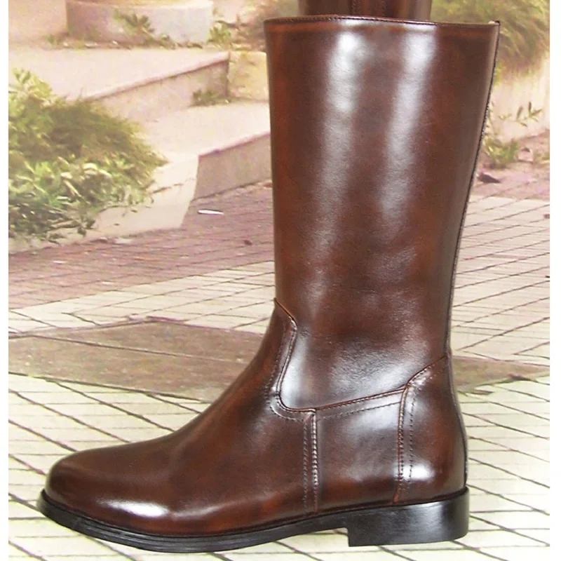 Spring Autumn British Style Thick Heels Brown Full Grain Leather Men Mid-Calf Knight Equestrian Boots Male Half Botas