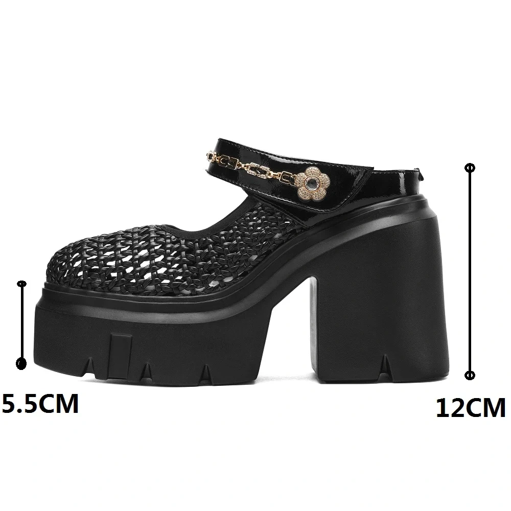 Women Summer New 12 CM Thick Sole Semi Sandals Woven Hollow Out Metal Chain Rhinestone Flower Shoes 50409