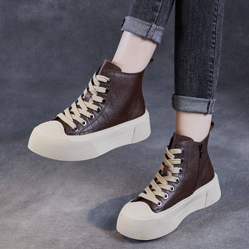 New Spring Autumn Women's Genuine Leather High Top Sneakers 5 CM Platform Short Plush Warm Color Block Lace Up Side Zipper Ankle Boots  60127