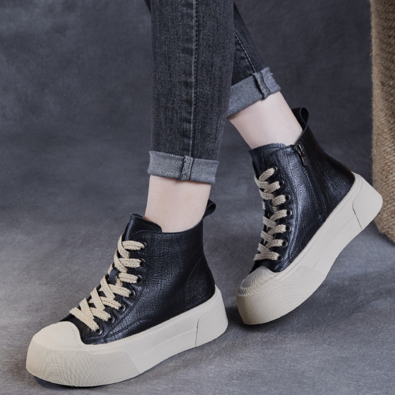 New Spring Autumn Women's Genuine Leather High Top Sneakers 5 CM Platform Short Plush Warm Color Block Lace Up Side Zipper Ankle Boots  60127