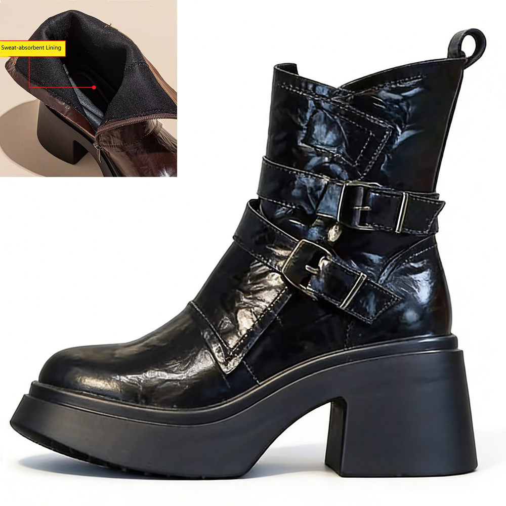 Women's Genuine Leather Spring Autumn Motorcycle Boots Zipper 9 CM Square Heel Belt Buckle Solid Winter Short Plush Ankle Boots 60127