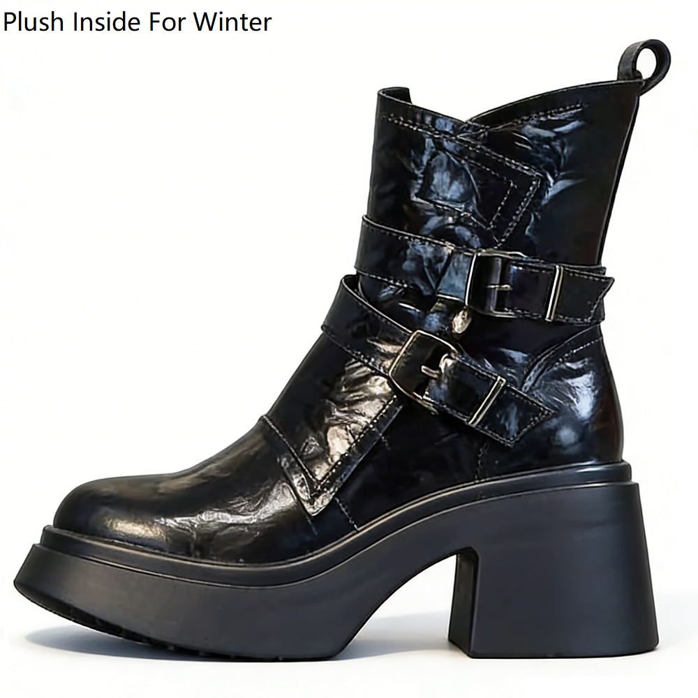 Women's Genuine Leather Spring Autumn Motorcycle Boots Zipper 9 CM Square Heel Belt Buckle Solid Winter Short Plush Ankle Boots 60127