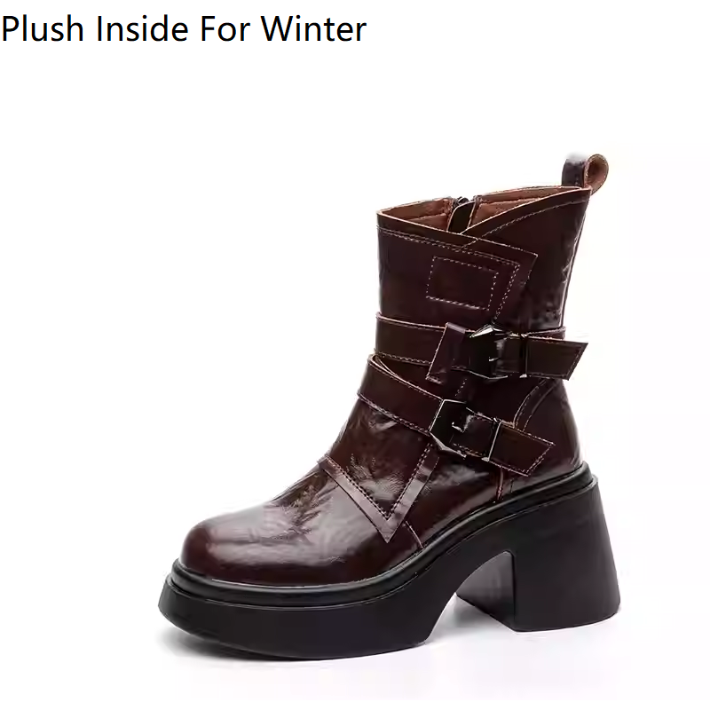 Women's Genuine Leather Spring Autumn Motorcycle Boots Zipper 9 CM Square Heel Belt Buckle Solid Winter Short Plush Ankle Boots 60127