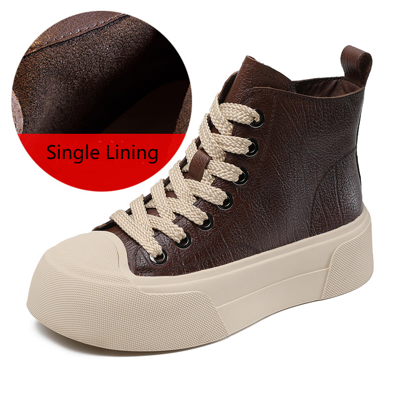 New Spring Autumn Women's Genuine Leather High Top Sneakers 5 CM Platform Short Plush Warm Color Block Lace Up Side Zipper Ankle Boots  60127