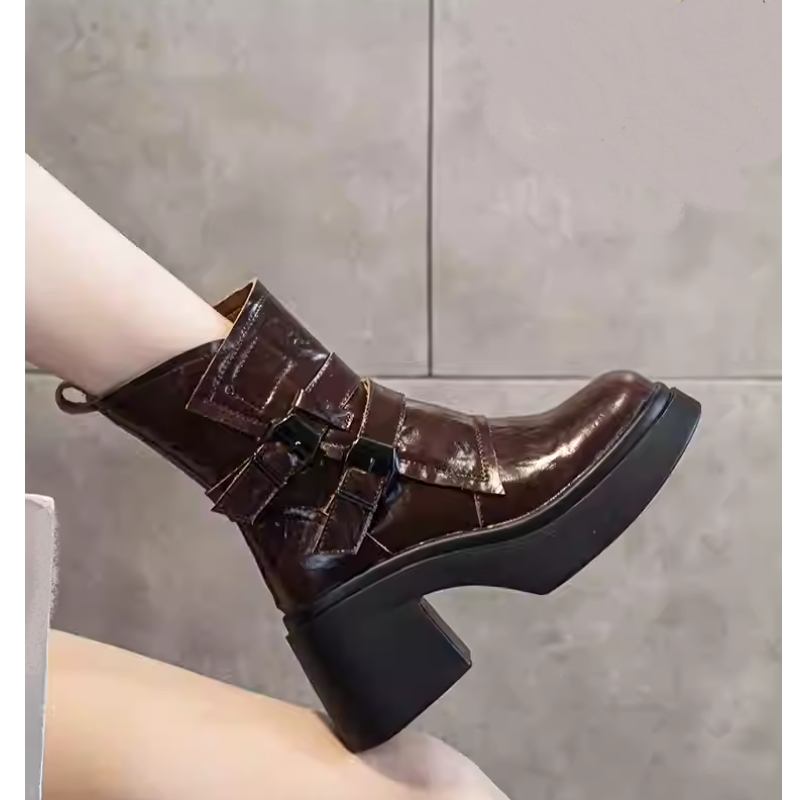 Women's Genuine Leather Spring Autumn Motorcycle Boots Zipper 9 CM Square Heel Belt Buckle Solid Winter Short Plush Ankle Boots 60127