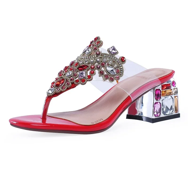Summer Sexy Crystal Block Heels Mixed Colors Sandals Rhinestones Cut Out Transparent Plastic Women Gladiator Flip-flops Slippers 60127