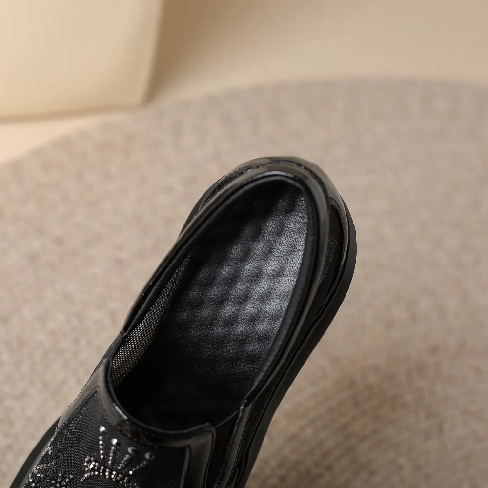 Women 12 CM Heels Platform Spring Summer New Shallow Mouth Pumps Crystal Mesh Hollow Out Real Leather Slip On Loafers Sandals 60127