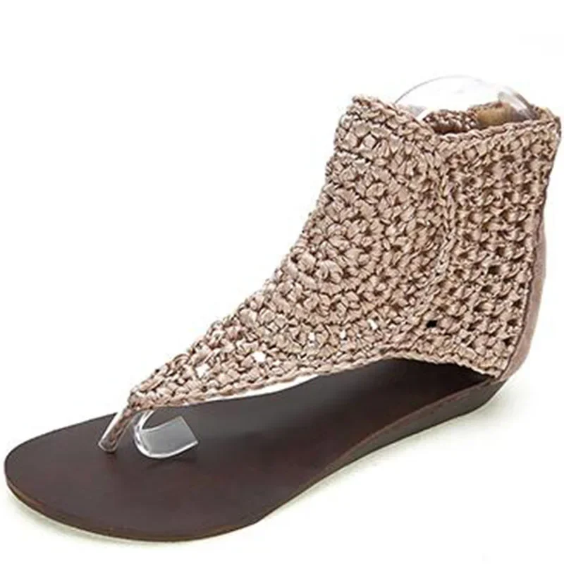 Summer New Korean Fashion Style Wedges Flip Flops Cut Out Genuine Leather Knitting Women High Top Gladiator Sandals 60127