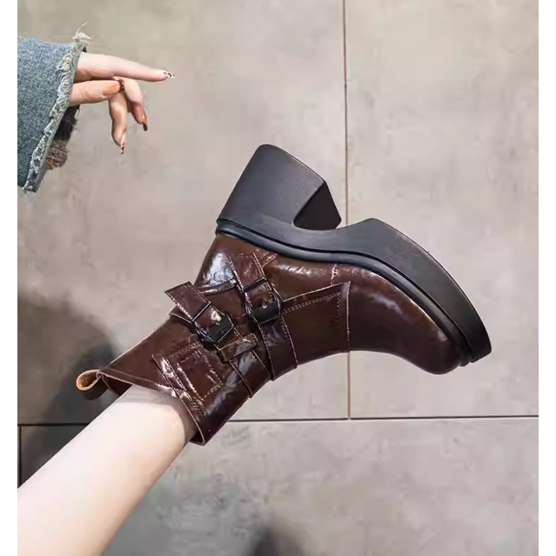 Women's Genuine Leather Spring Autumn Motorcycle Boots Zipper 9 CM Square Heel Belt Buckle Solid Winter Short Plush Ankle Boots 60127