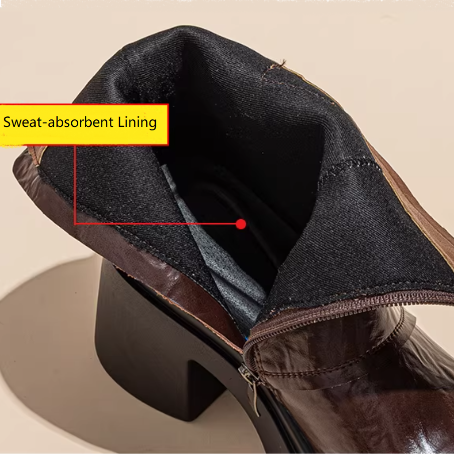 Women's Genuine Leather Spring Autumn Motorcycle Boots Zipper 9 CM Square Heel Belt Buckle Solid Winter Short Plush Ankle Boots 60127