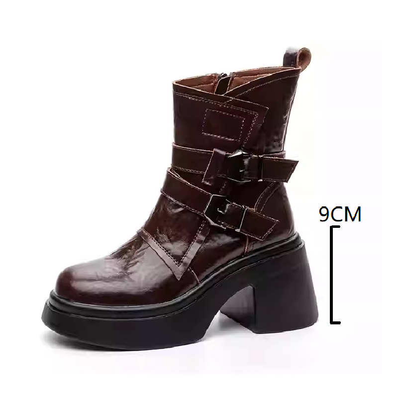 Women's Genuine Leather Spring Autumn Motorcycle Boots Zipper 9 CM Square Heel Belt Buckle Solid Winter Short Plush Ankle Boots 60127