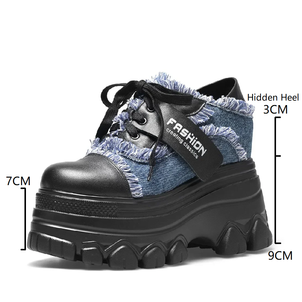 Spring Autumn Sexy 12 CM Super High Heels Wedges Platform Cross-tied Tassel Genuine Leather Patchwork Denim Women Modern Pumps 60127