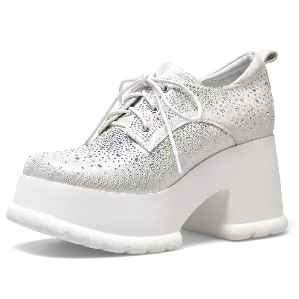 Spring Autumn New Fashion Sexy 10 CM Block Heel Square Toe Platform Cross-tied Bling Crystals Pigskin Inside Women Modern Pumps 60127